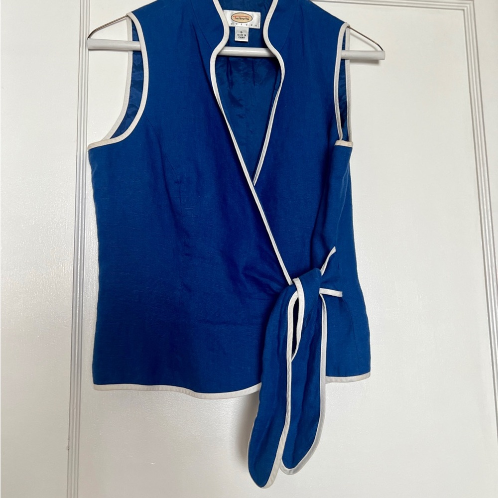 Talbots Royal Blue linen Wrap Blouse with White Trim